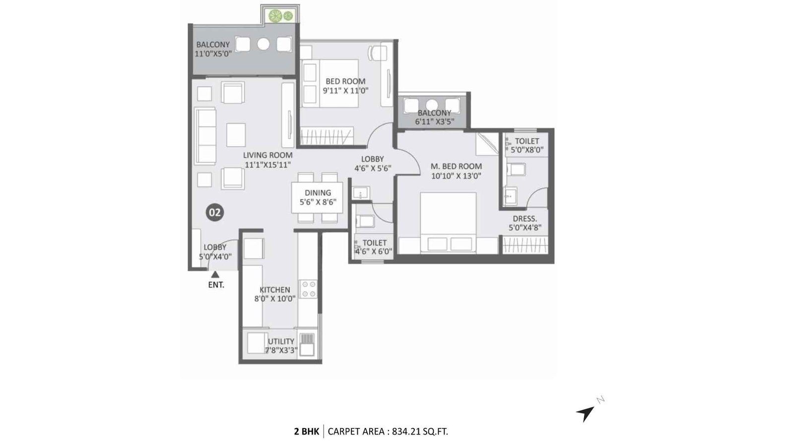 Austin-Yana-Floor-Plan-2BHK-864-SQft